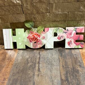 Wood Floral 'Hope' Wall Decor in pastel green & pink with glitter rose
